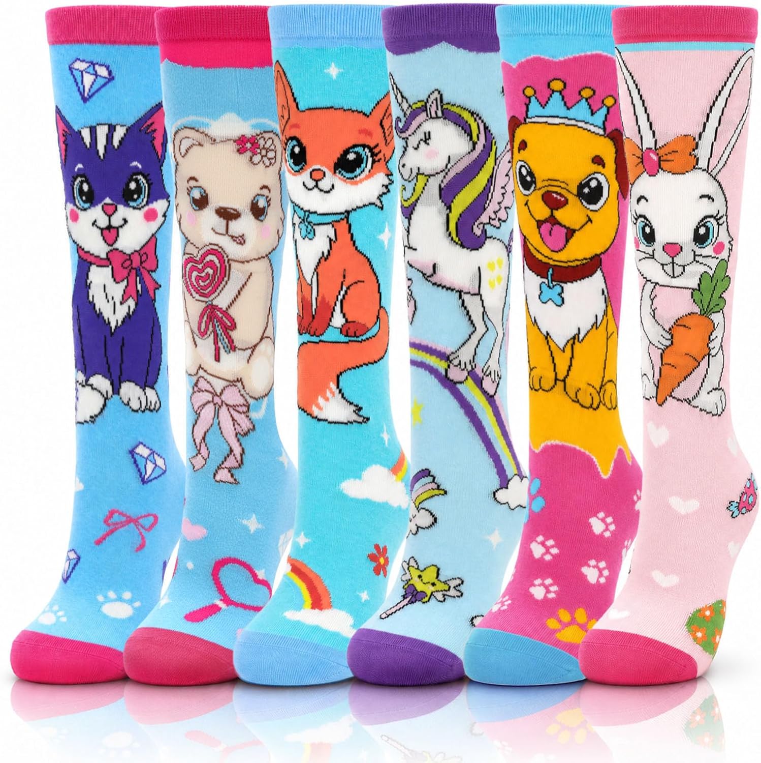 6 Pairs Girls Animal Pattern Cotton Knee High Socks