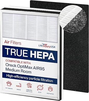 True HEPA Air Cleaner Filter Replacement Kit + 1 Odor Carbon Filters Compatible with Oreck OptiMax AIR95 Medium Room Air Cleaner by LifeSupplyUSA