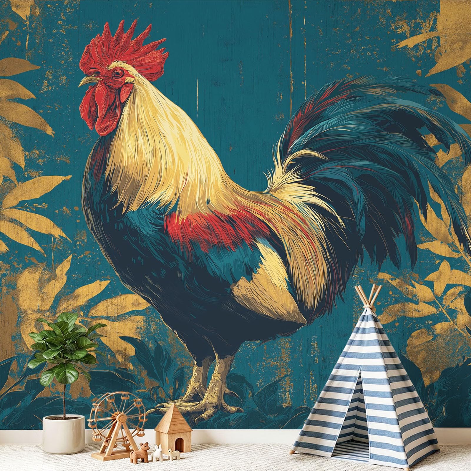 Generisch Tapeta Classic, Countryside, Pastoral - Rooster, wzór liści, tapeta na flizelinie, dekoracja ścienna, nowoczesna tapeta ścienna, dekoracja ścienna, tapeta z motywem - 350 x 256 cm