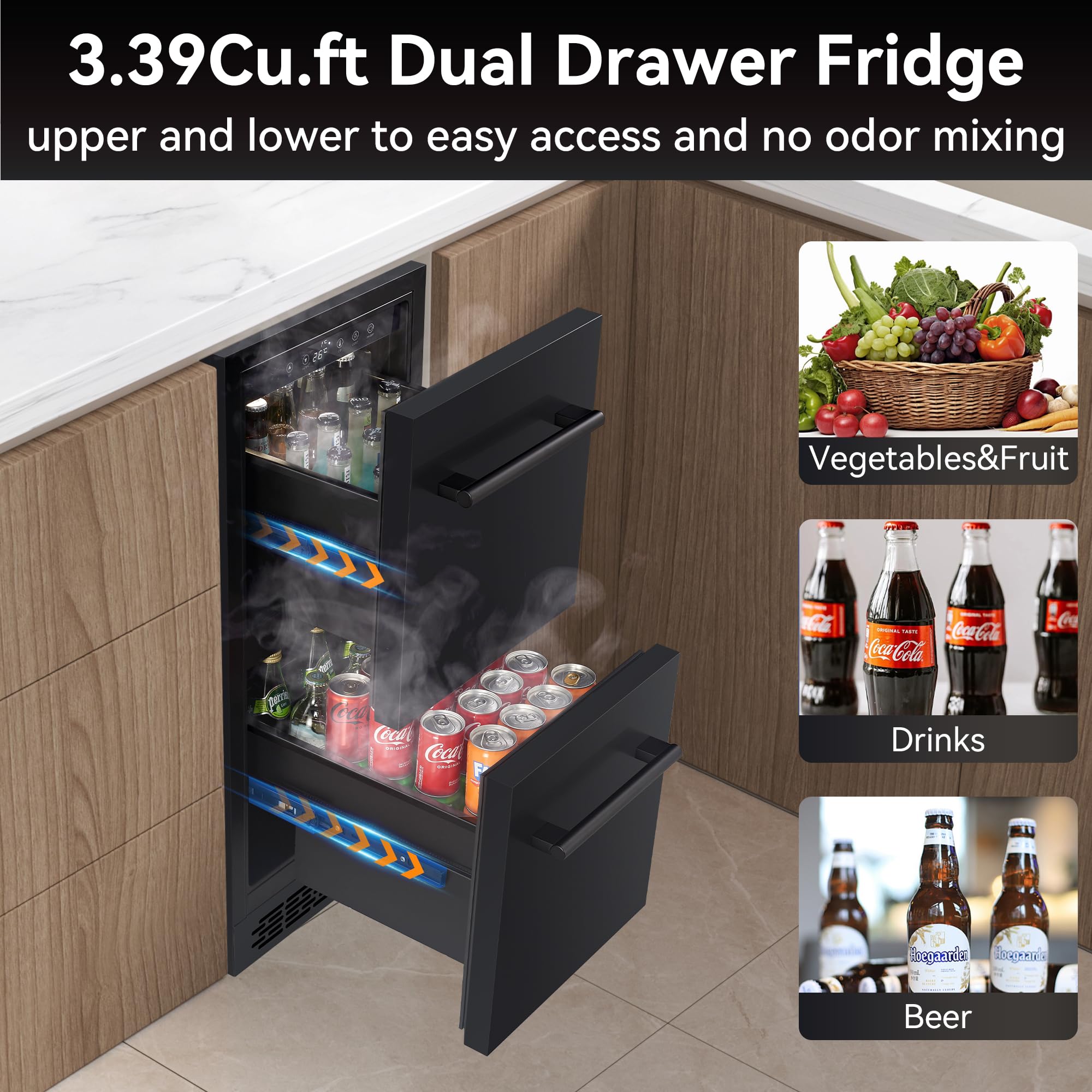 15 Inch Double Drawer Beverage Refrigerator, 3.39 Cu.Ft. Under Counter Fridge, Waterproof All Black Stainless Steel Beverage Fridge,low noise Rapid cooling for Indoor, Outdoor, Kitchen, Patio on Fridge.com