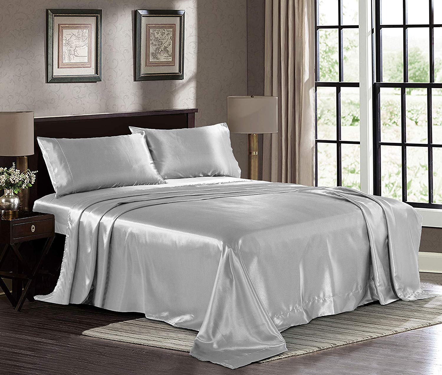 Elegant Linen StoreElegant Linen Store,Silky Satin Sheets Twin XL [4-Piece, Silver Grey] Silky Bed Sheets-1800 TC 8-10 Inch Deep Pocket, Wrinkle, Fade, Stain Resistant -Fitted Sheet, Flat Sheet, Pillow Cases.