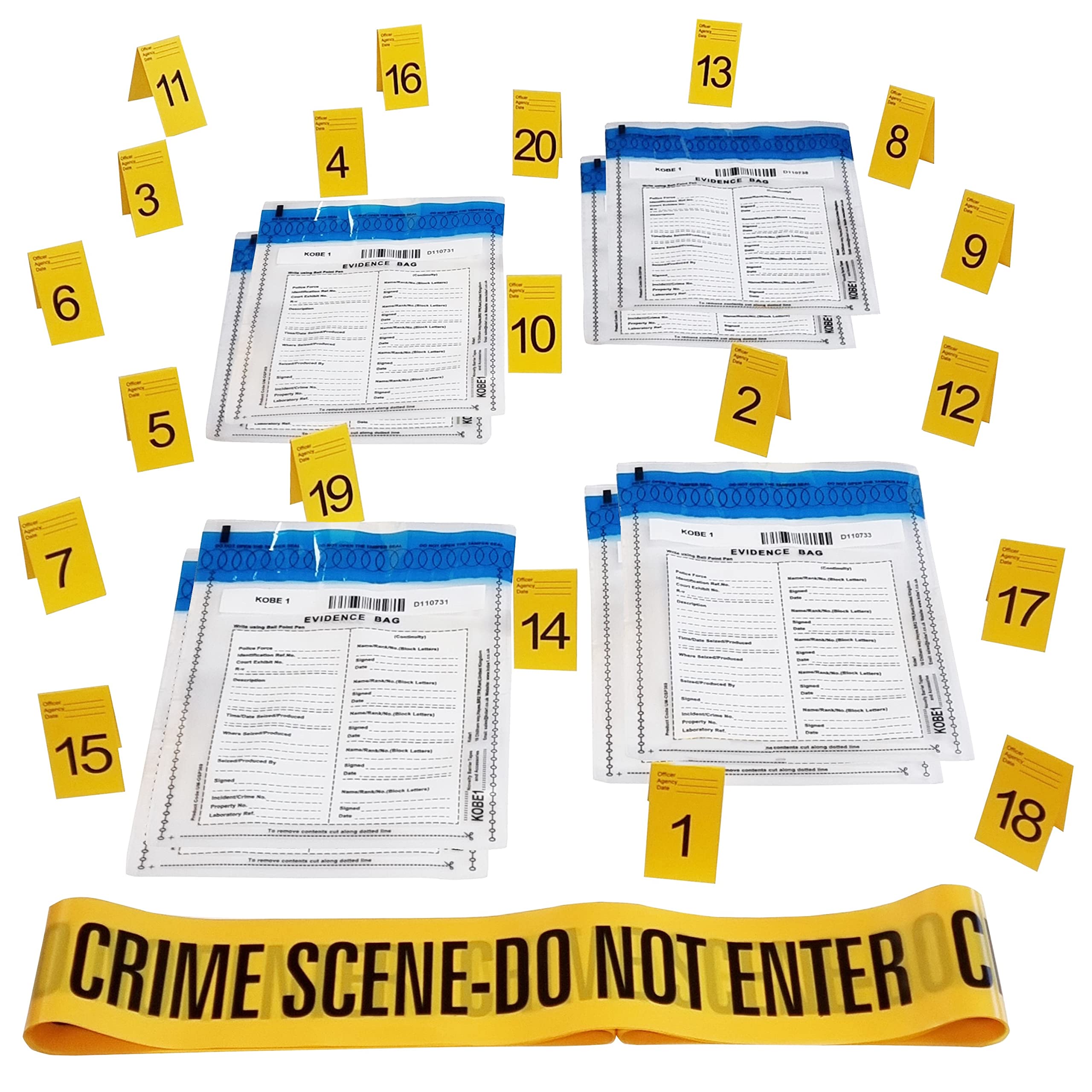Kobe1 Crime Scene Kit:Crime Scene Tape Do Not Enter (20mx1),Evidence Bags (x8),Photo Evidence Frames(Cards:1 to 20),(7cm x 4cm Folded)