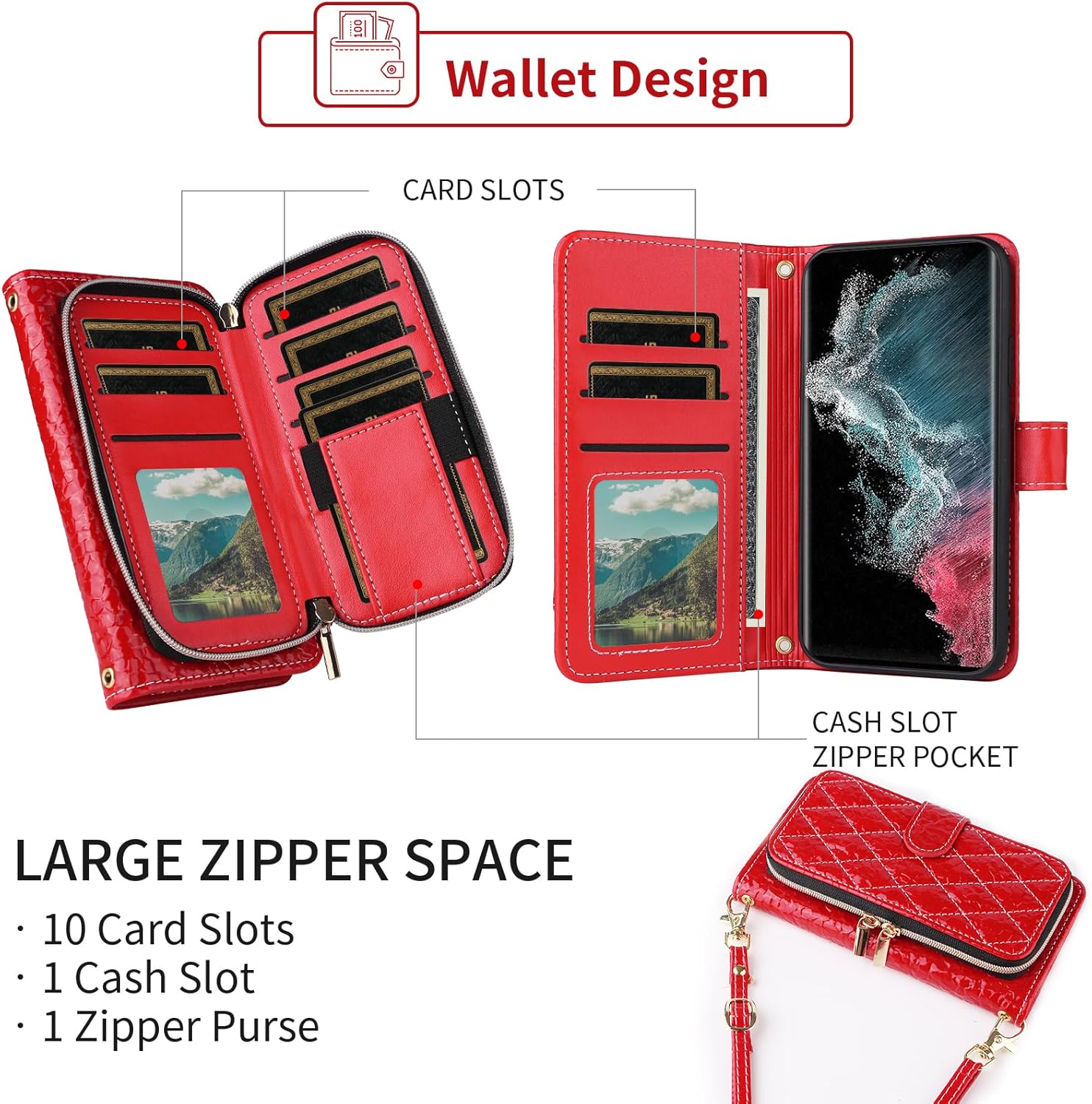 Argyle Wallet Case for Samsung Galaxy S22 Ultra 5G with Crossbody/Wrist Strap Luxury PU Leather Zipper Purse Shockproof Card Holder Cell Phone Cover for S22ultra 22S S 22 S22ultra5g 6.8 Red