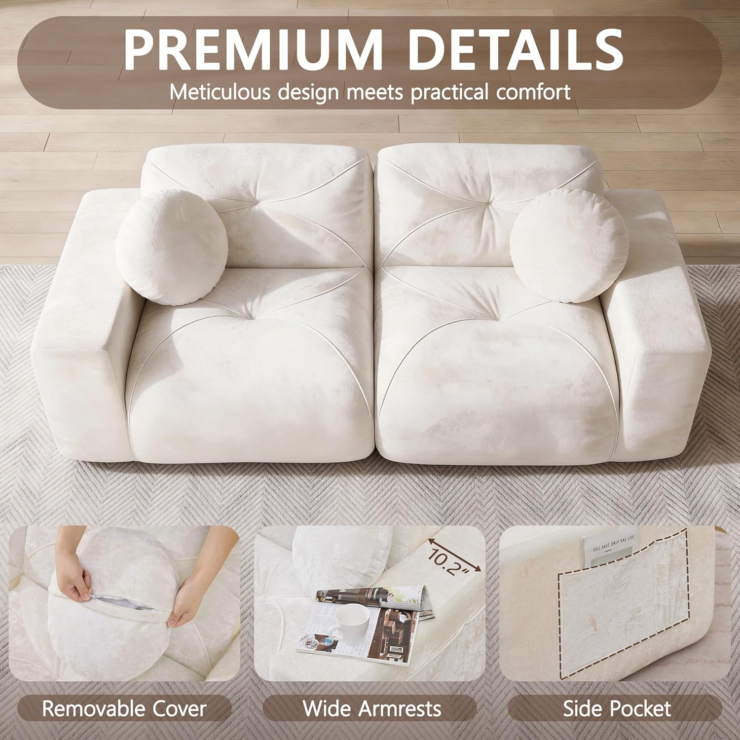 82" Modular Sectional Cloud Couch, Loveseat Sofa Boneless Couches, 2 Deep Seat Modern Comfy Velvet Sofa for Living Room, Bedroom, Apartment (Beige)