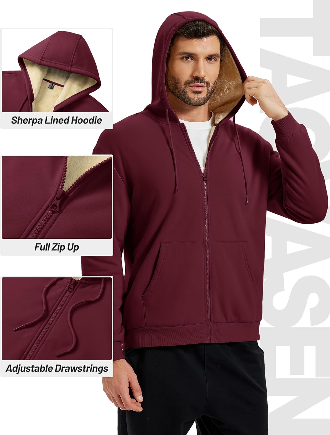 TACVASEN Men's Sherpa Lined Hoodie Full Zip Up Midweight Sweatshirt Warm Thick Fleece Cotton Winter Jacket - Image 4