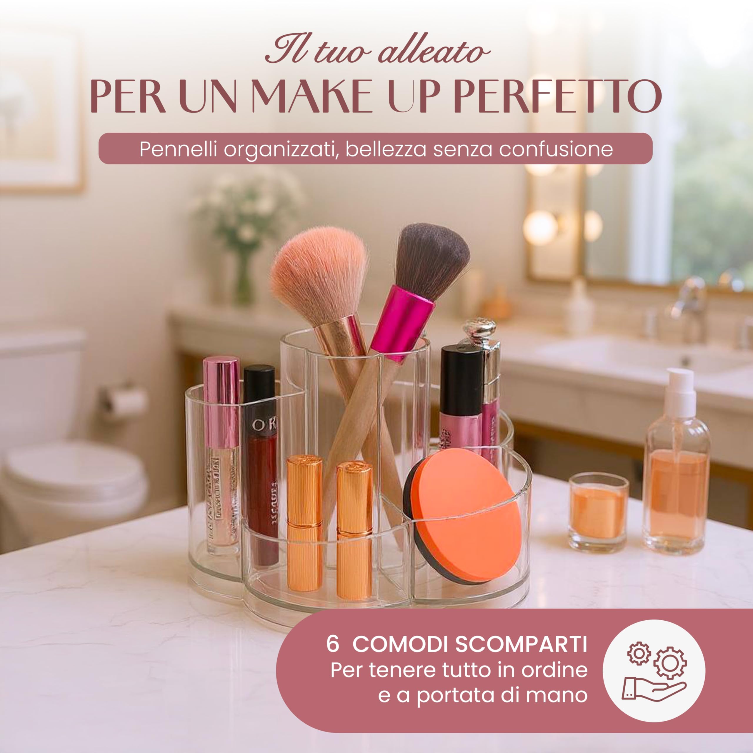 Generico Organizer Trucchi Girevole 360° Multifunzione in Acrilico Trasparente - Porta Cosmetici Salvaspazio con Base Antiscivolo e 6 Scomparti per Make-up, Skincare, Rossetti e Pennelli