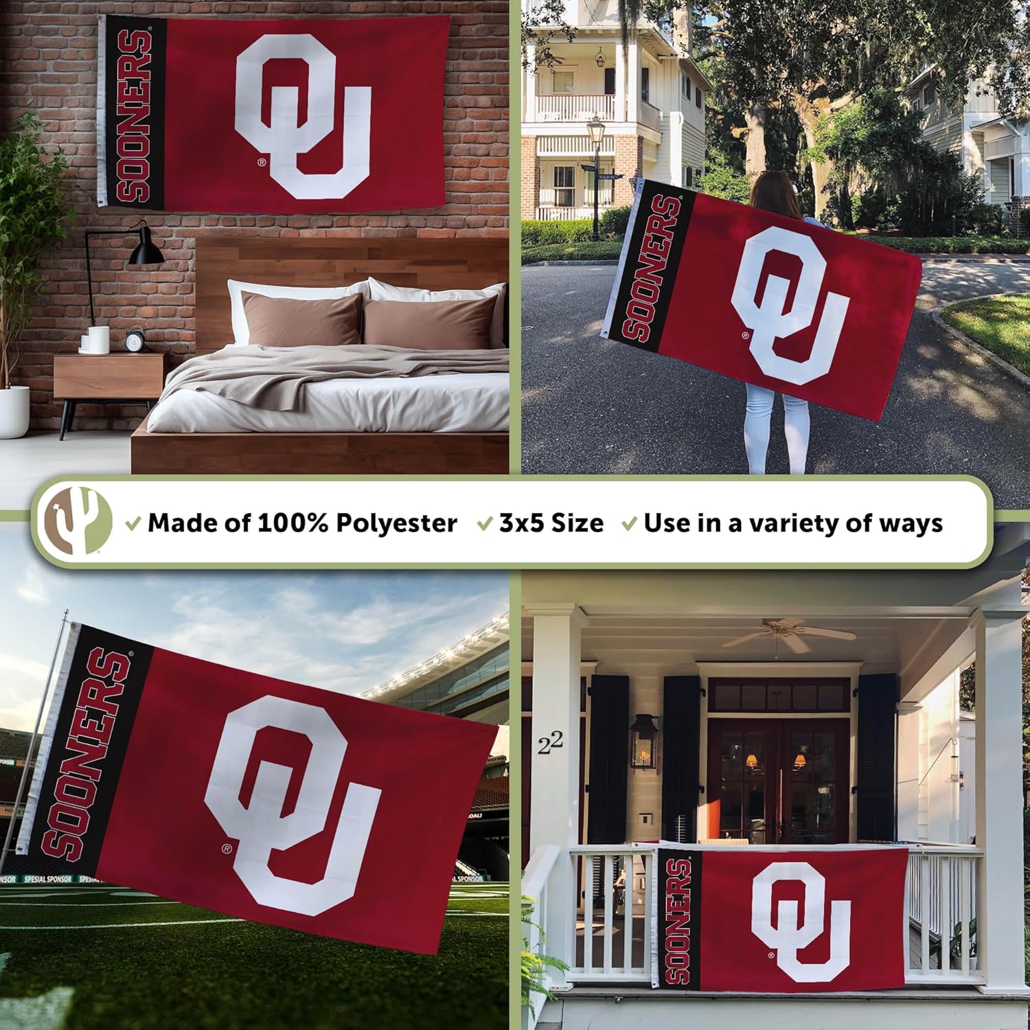 Desert Cactus University of Oklahoma Flag Sooners Banners 100% Polyester Indoor Outdoor 3x5 feet Flags (Team Name) - Image 3