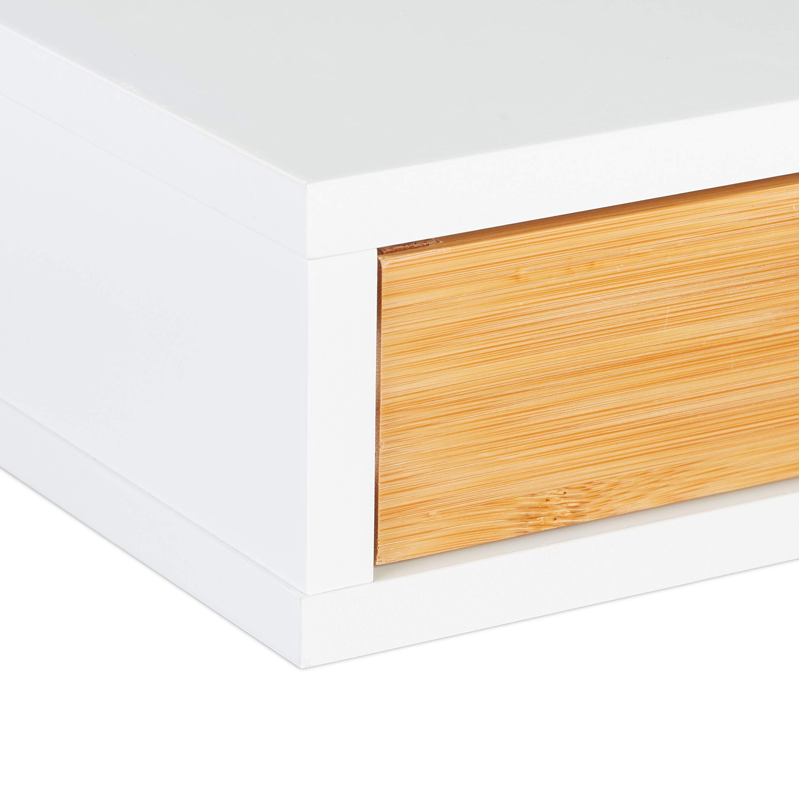 Relaxdays étagère Murale tiroir, HxLxP: 8 x 60 x 24 cm, Console au Mur Style scandinave, Bois MDF, Bambou, Blanc/Nature