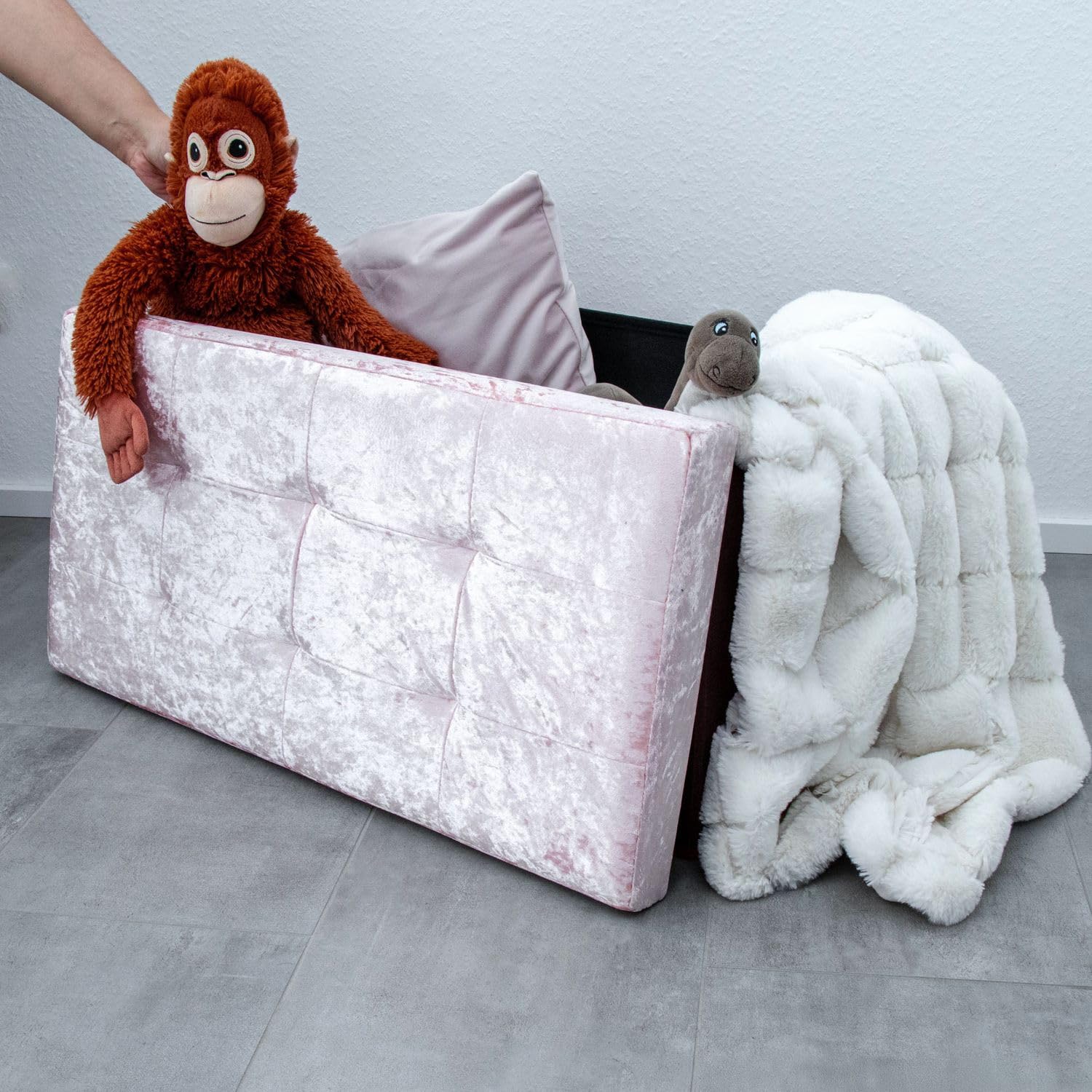INTIRILIFE Banco Plegable 76x38x38cm en Terciopelo Rosa - Asiento Cubo con Espacio de Almacenamiento y Tapa con Funda de Terciopelo - Asiento Cubo reposapiés Plegable Caja de Almacenamiento Cofre