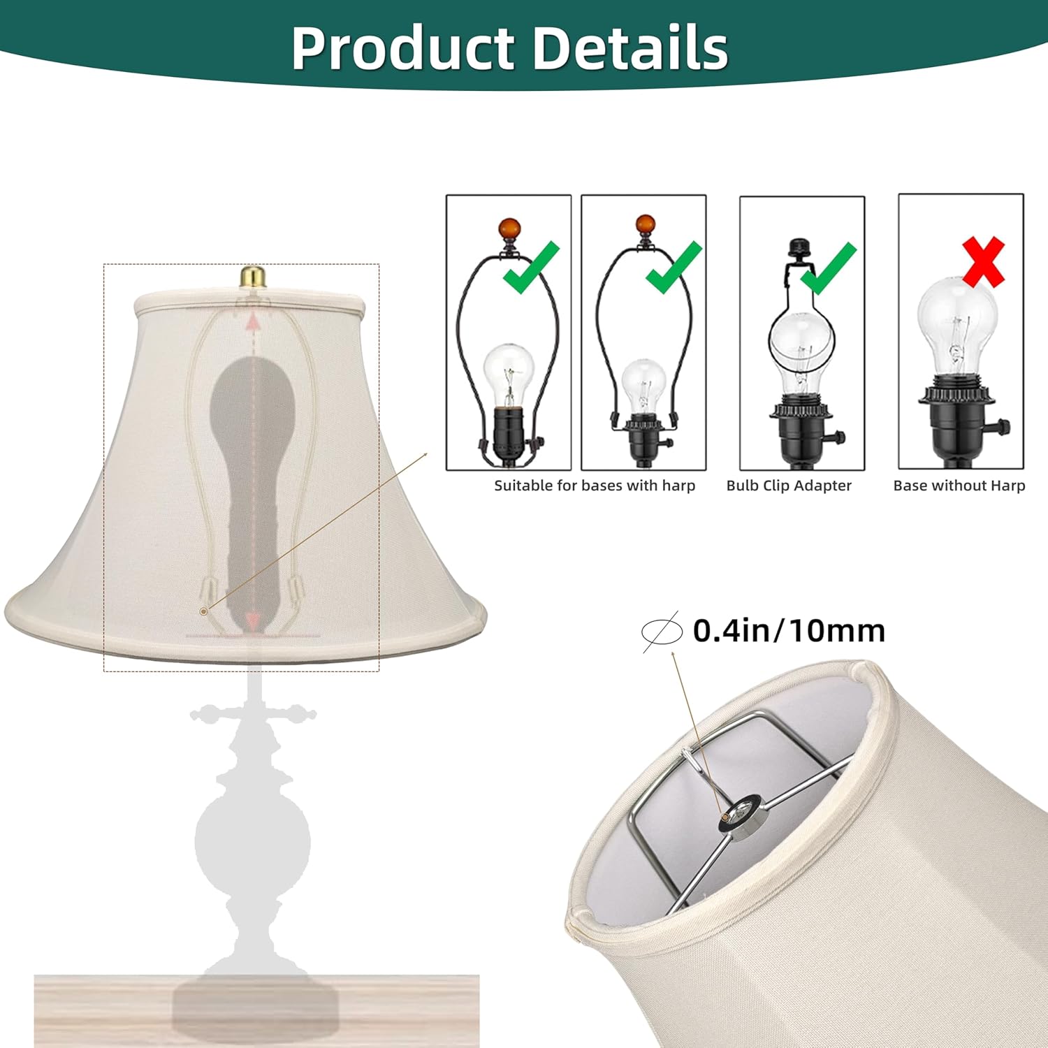 Linen Bell Medium Lamp Shade Easy Assembly, 6" Top x 13" Bottom x 10" High Fabric Lampshades, Traditional Replacement Lampshade for Table Lamps, Bedside Lamps, Floor Lamps, Metal Spider Fitter