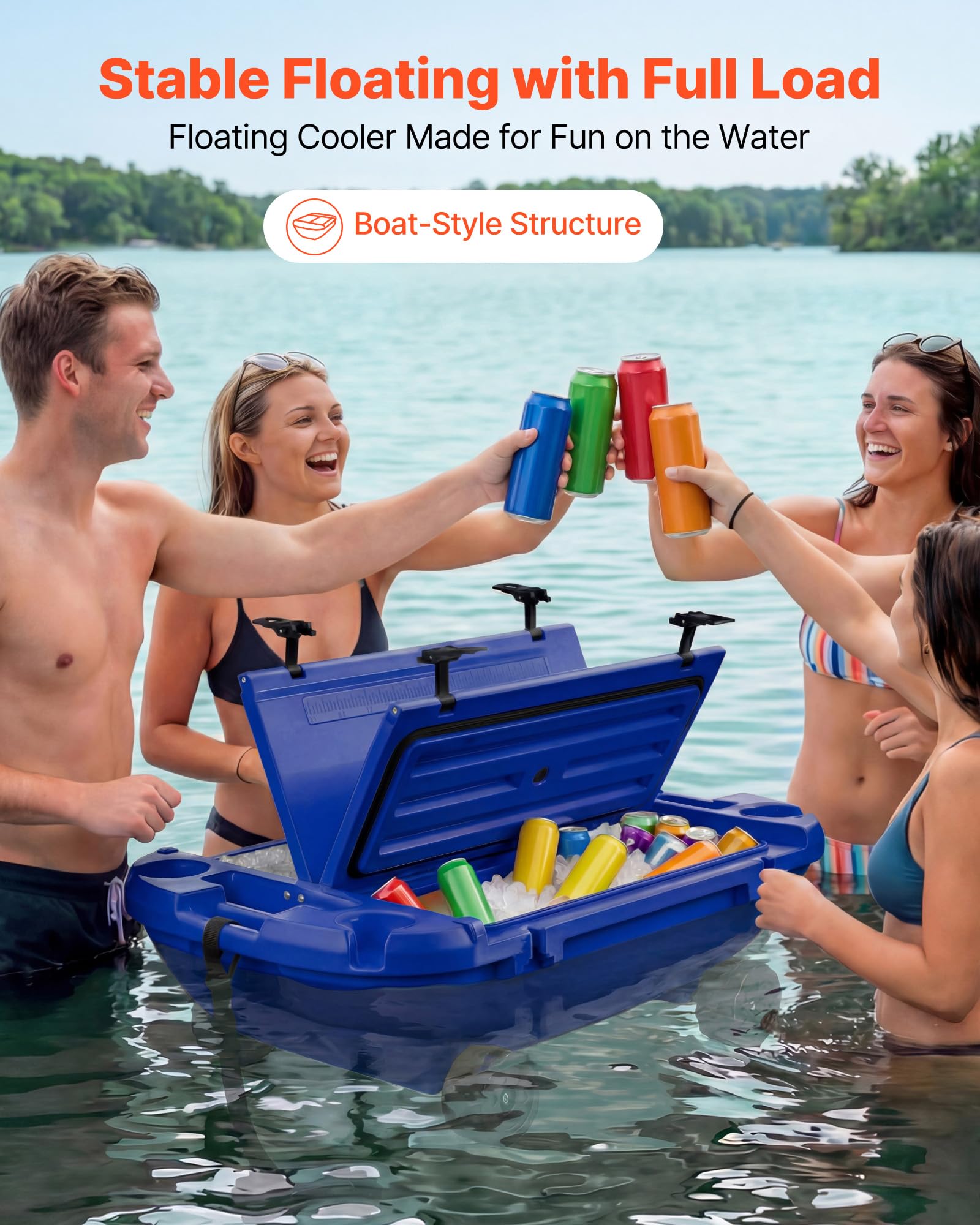 VEVOR Nevera Flotante 37,9 L Enfriador Flotante para Agua y Tierra con Carcasa Rígida Aislada, Ruedas, Cuerda de Remolque, Asas Laterales, Portavasos para Playa Bebida Barco Piscina, Color Azul Oscuro