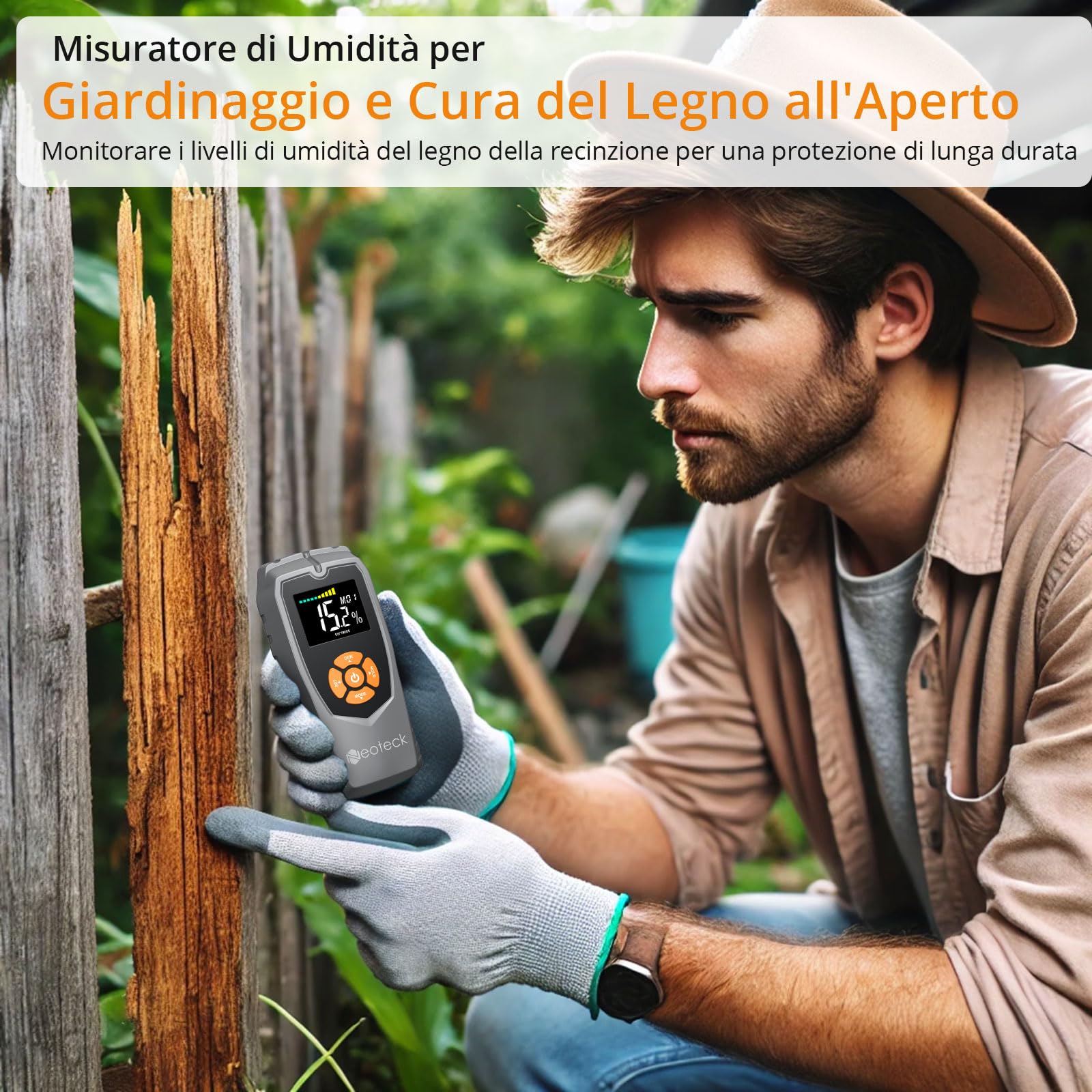 Neoteck Misuratore Umidità Legno con Display LCD Misuratore di Umidità Muri Funzione Allarme Sonoro Igrometro Professionale Senza Ago Rivelatore di Umidità per la Misurazione di Muri Legno Tenero/Duro