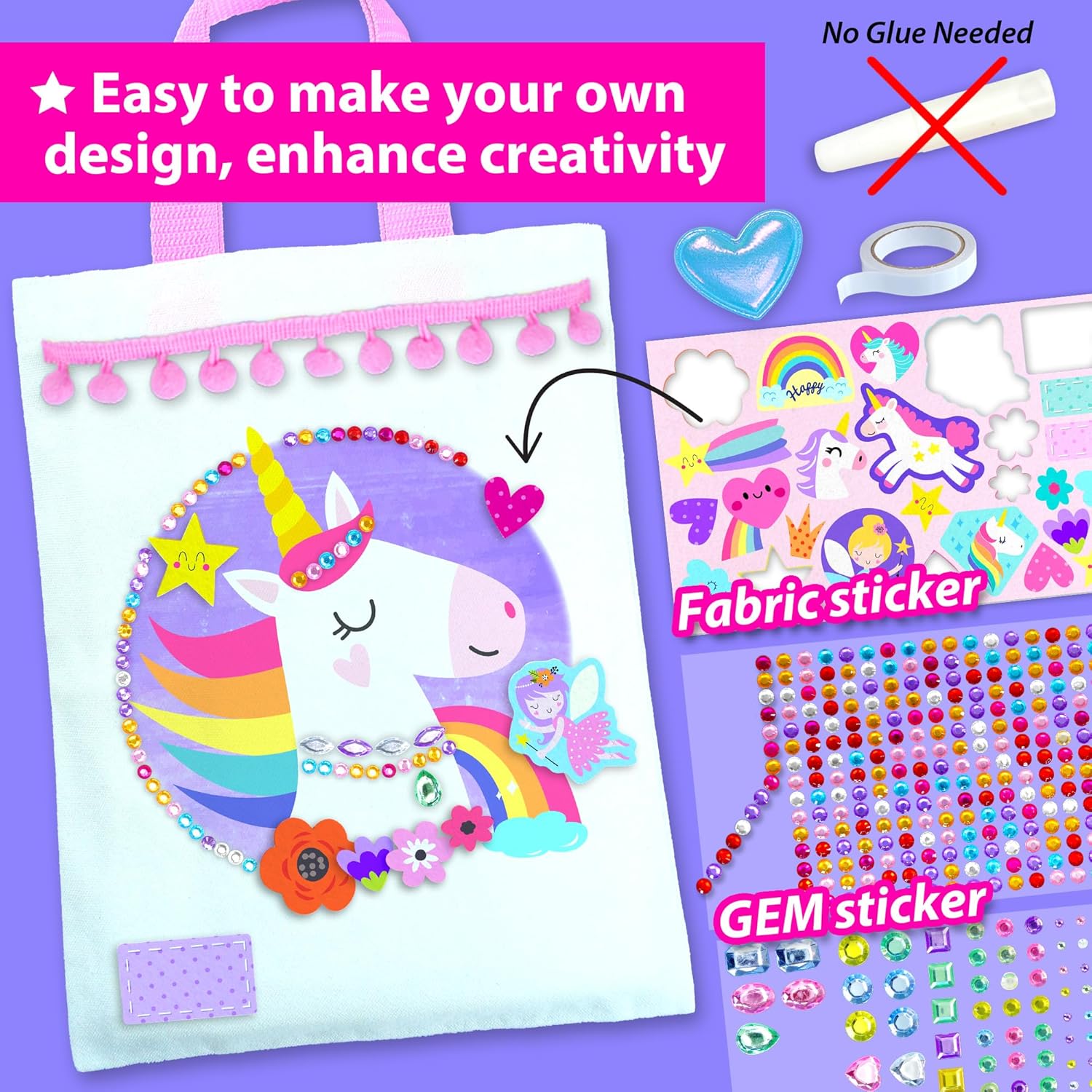 KRAFUN DIY Bag Decorating Kit for Girls - Create 3 Custom Unicorn & Fairy Bags - No-Sew Mess-Free Crafts with Stickers & Gems - Fashion Art Activity Gift for Kids Ages 5-10