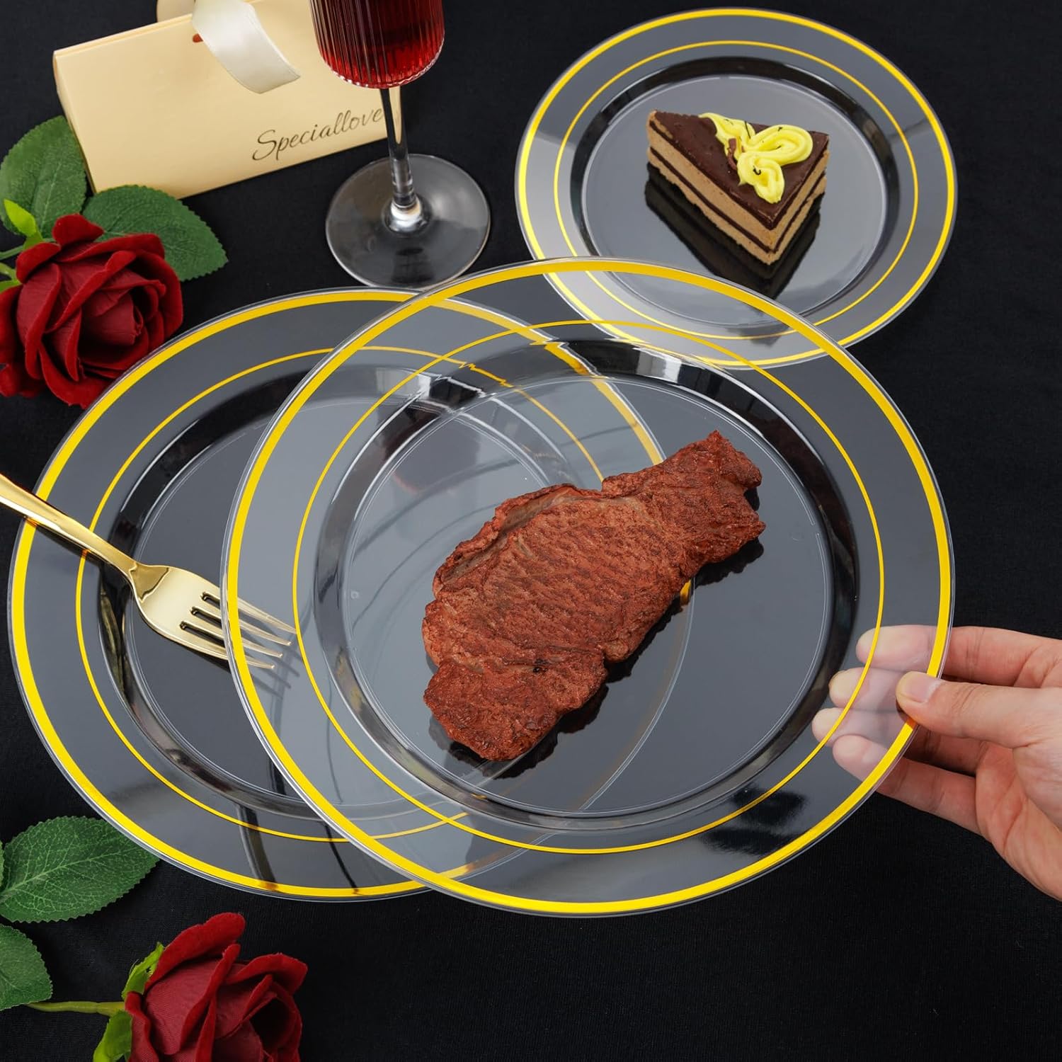 I00000 600Pcs Clear Gold Plastic Plates for 100 Guests, Plastic Dinnerware Set of 100 Gold Disposable Plates, 100 Dessert Plates, 200 Forks, 100 Knives and 100 Spoons Perfect for Party & Wedding - Image 2