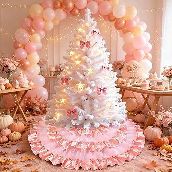 yuboo 48 Inch Pink Ruffle Tree Skirt for Fall Decorations, Pastel Tree Skirt for Wedding, White & Pink Layered Skirt for Artificial Trees, Seasonal Home Decor