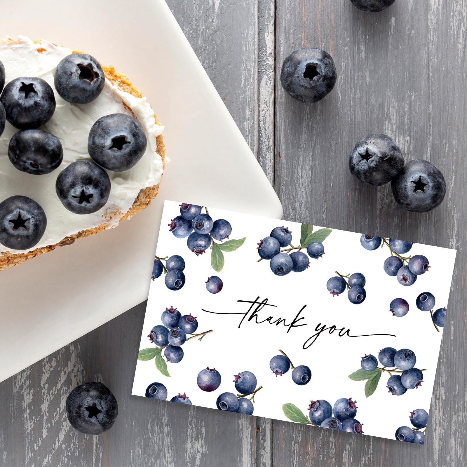 JarThenaAMCS Blaubeer-Dankeskarten, Blaubeere, Obst-Grußkarten, blanko, mit Umschlägen und Aufklebern, für Sommer, Geburtstag, Babyparty, 10,2 x 15,2 cm, 50 Stück