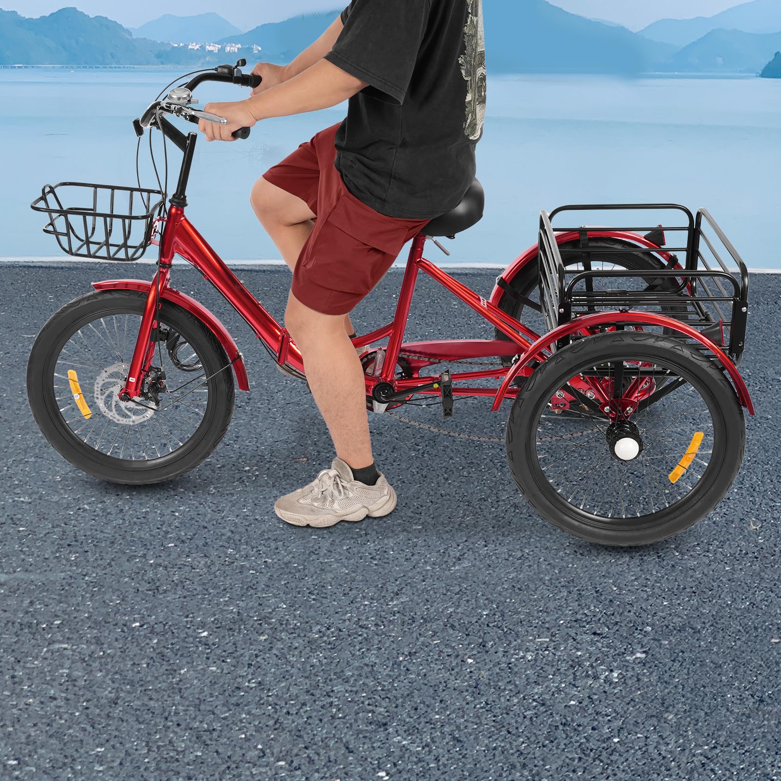 Tricycle pliable rouge à 7 vitesses – Vélo robuste avec siège réglable et freins pour le shopping, les randonnées et l'entraînement