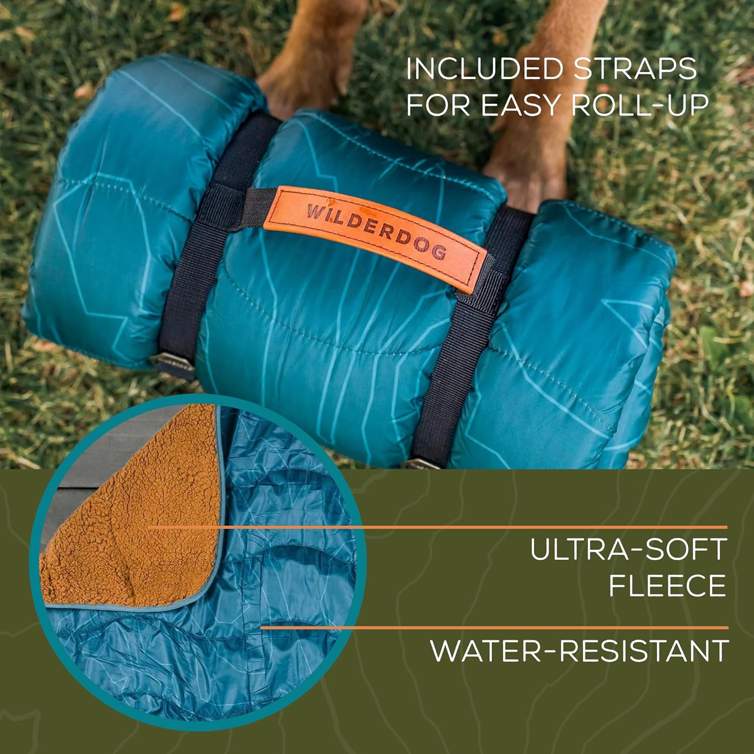 Wilderdog Double-Sided Dog Picnic Blanket – Sherpa Fleece & Water-Resistant Shell – 42.5” x 56.5” – Caspian