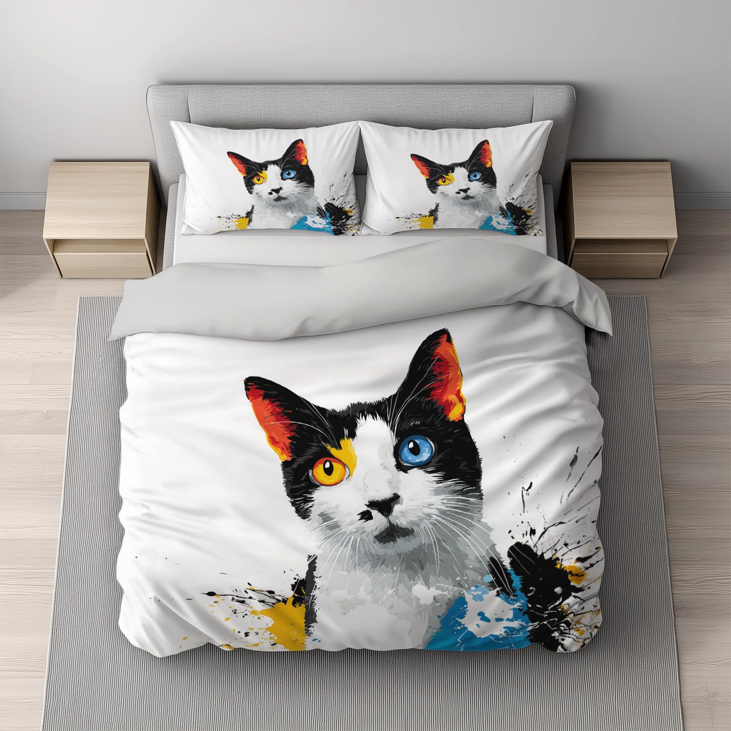 Ręcznie robiona zimowa poszwa na kołdrę - 135 x 200 cm - dwustronna biała - 1 poszewka na poduszkę 50 x 75 w zestawie - pościel szkic ołówek czarny kot - poszwa na kołdrę z mikrofibry