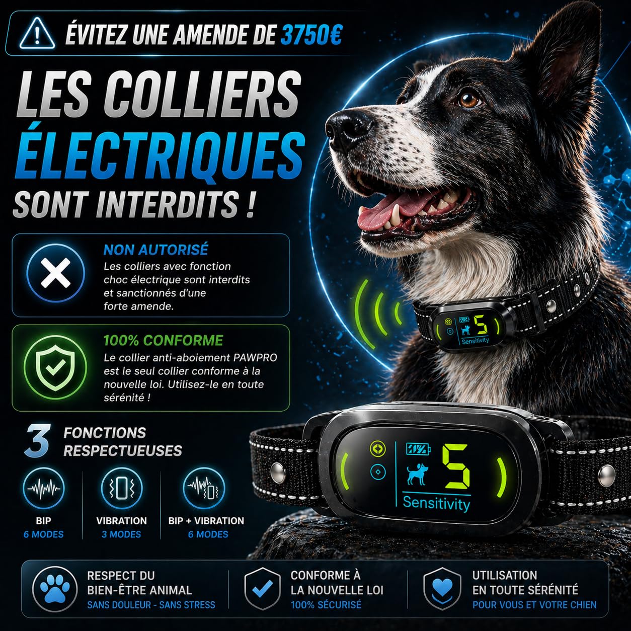 PAWPRO Collier Anti Aboiement Chien | Conforme Nouvelle Loi 2024 Bien-Être Animal | Intelligence Artificielle, Détection d’Aboiement, Écran Couleur | 3 Modes BIP, Vibration+BIP | Marque FR (Noir)