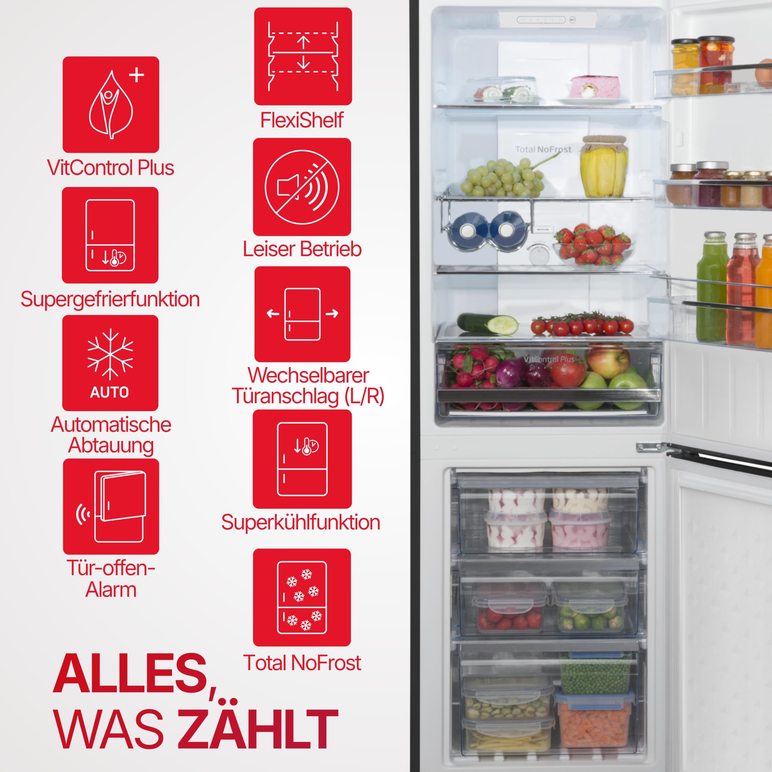 Amica Kühl-Gefrierkombination 231 L 170x54x59,1 cm Total NoFrost AKG 3875 S | 161 L Kühlteil, 70 L Gefrierteil, VitControlPlus, Superkühlfunktion, Supergefrierfunktion, Tür-Offen-Alarm, LED Beleuchtung