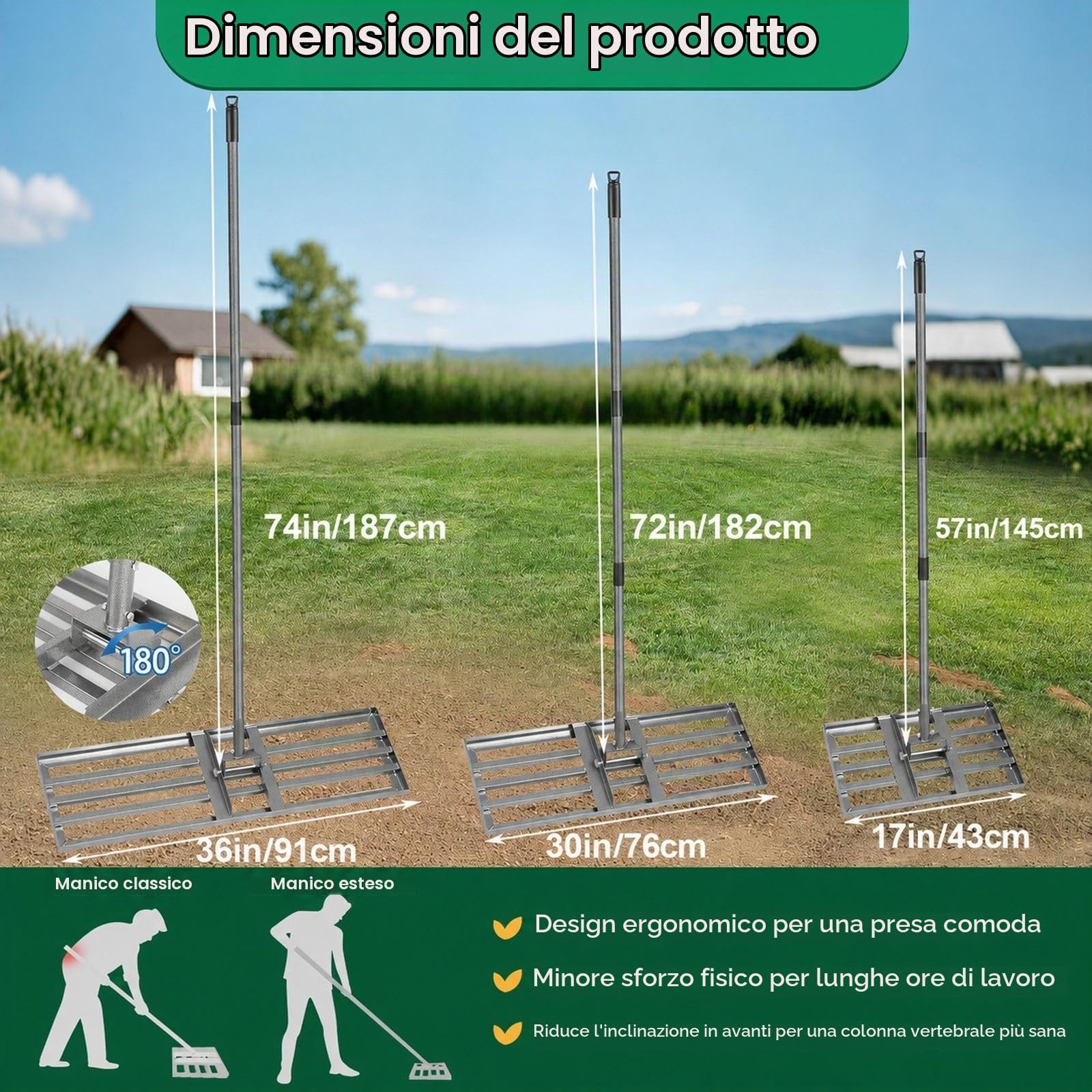 Rastrello livellatore per prato, strumento di livellamento per prato resistente con manico extra lungo in acciaio resistente, ideale per prati, cortile, giardini, campi da golf, fattorie e pascoli