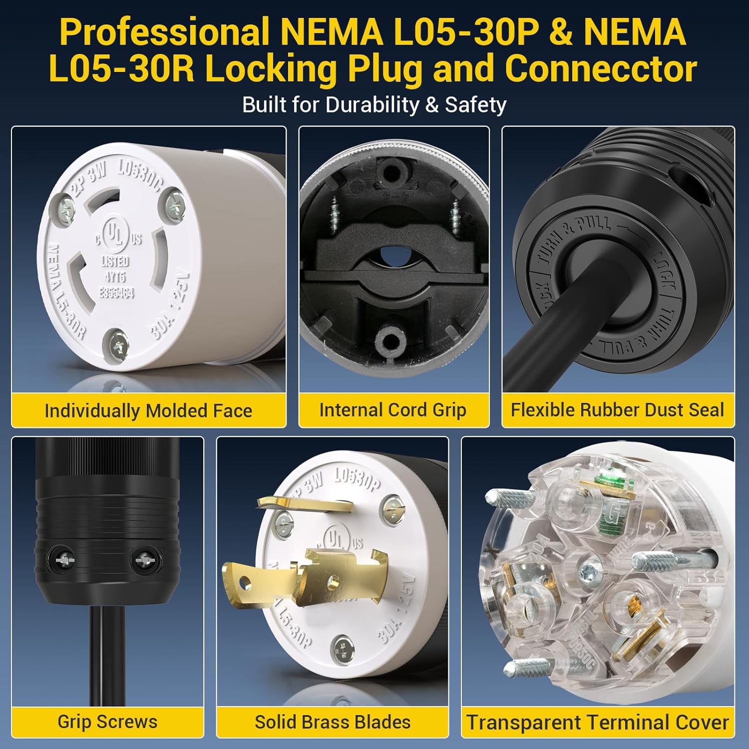 2 Pack NEMA L5-30P & NEMA L5-30R Locking Twist Generator Male & Female Adapter,Plug Connector 30A 125V Twist Lock, Grounding Plug for Generator, RV, Welding Equipment,UL Listed
