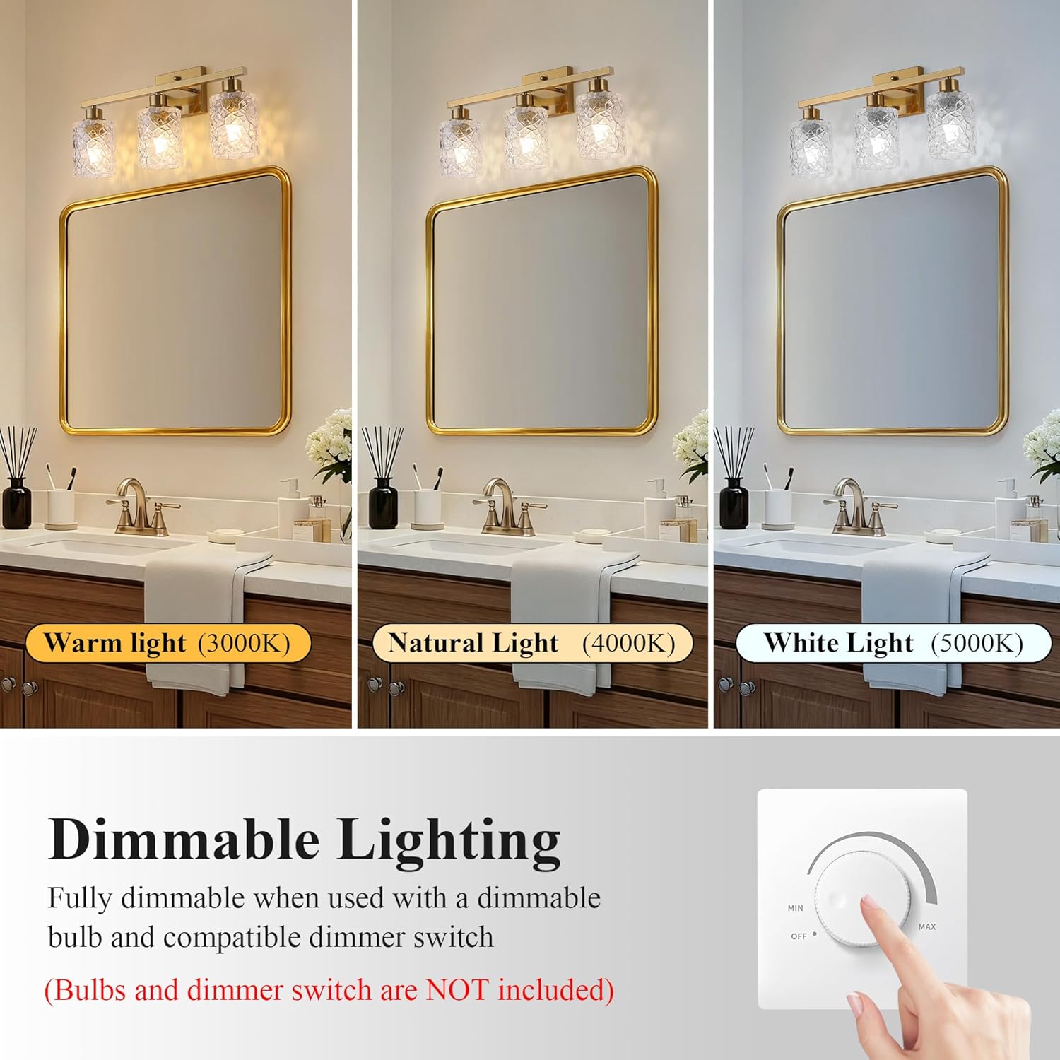 Stainless Steel Bathroom Vanity Light Over Mirror, 3 Light Brushed Gold Bathroom Light Fixtures with Textured Glass Shades,Ceramic E26 Sockets Wall Mounted Vanity Lights for Bathroom