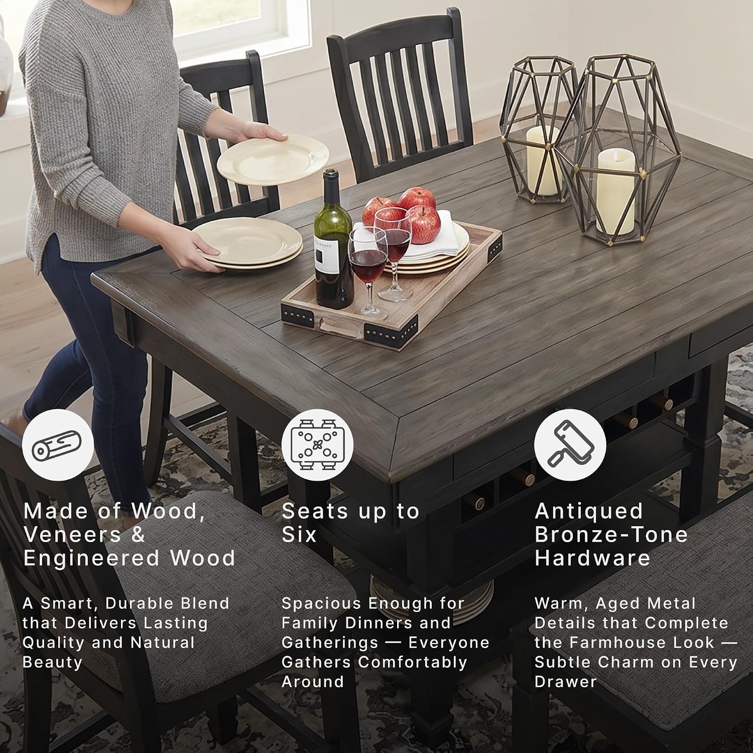 Signature Design by Ashley Counter Height Table with Storage, Farmhouse | Crafted with wood, engineered wood and veneers, Counter height dining table with built-in base storage, Tyler Creek Series