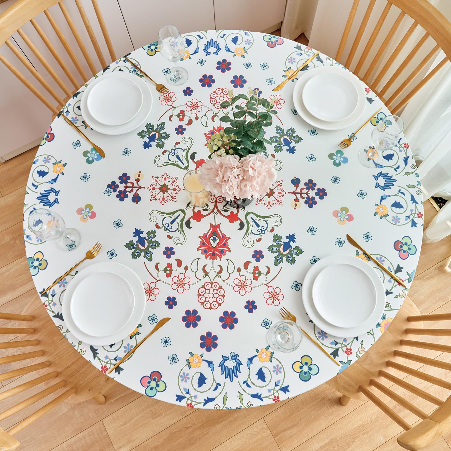 NLMUVW Round Fitted Vinyl Tablecloth with Elastic Edge, 100% Waterproof Oil Proof Super Elastic Table Cloth Wipe Clean Table Cover for Indoor and Outdoor, Colorful, 37"- 54" โ image 1