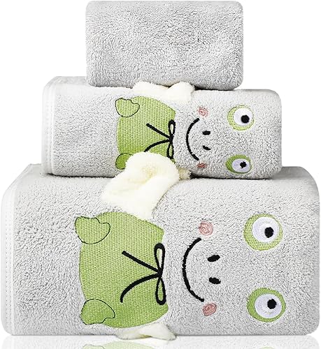 Juego de 3 toallas de baño para niños, toalla de mano, terciopelo coral, multiusos para baño y playa, accesorios de baño de animales lindos (rana