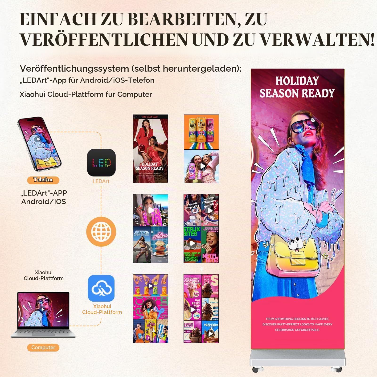MWE 80 Zoll P1.86 Spleißbar LED Bildschirm mit Flightcase, Klappbarer Digitaler Kundenstopper mit Veröffentlichungssystem, Geeignet für Produktdisplays, 1 Einheit