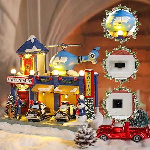 Miniatura 4 de Vipush Figuras de Casa de Pueblo Navideño de Resina Decoraciones de Navidad Estación de Policía Decoración del Hogar Figuras de Edificio