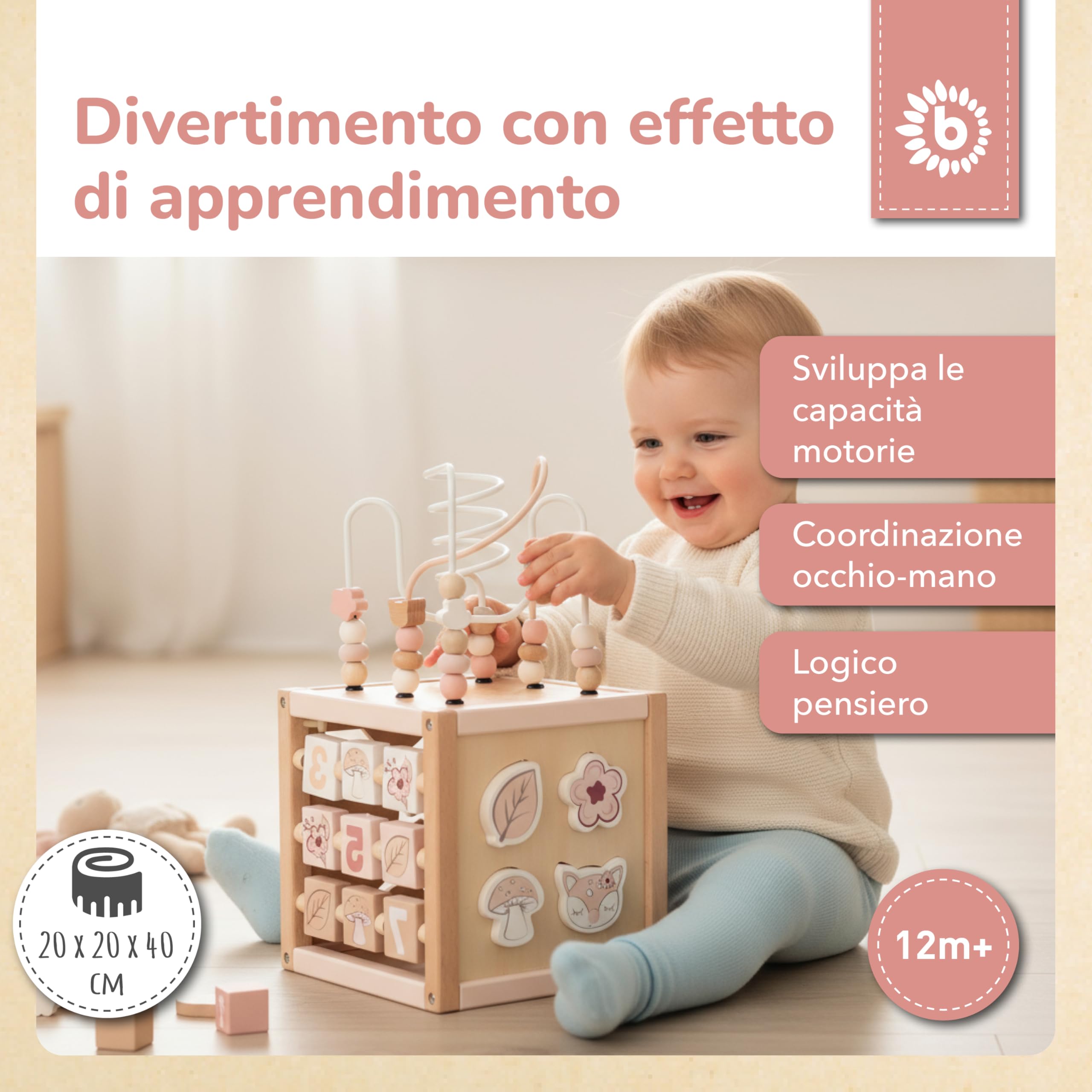 Bieco REH Ella - Cubo motorio in legno sostenibile FSC®, giocattolo per bambini, a partire da 1 anno, cubo di attività Montessori