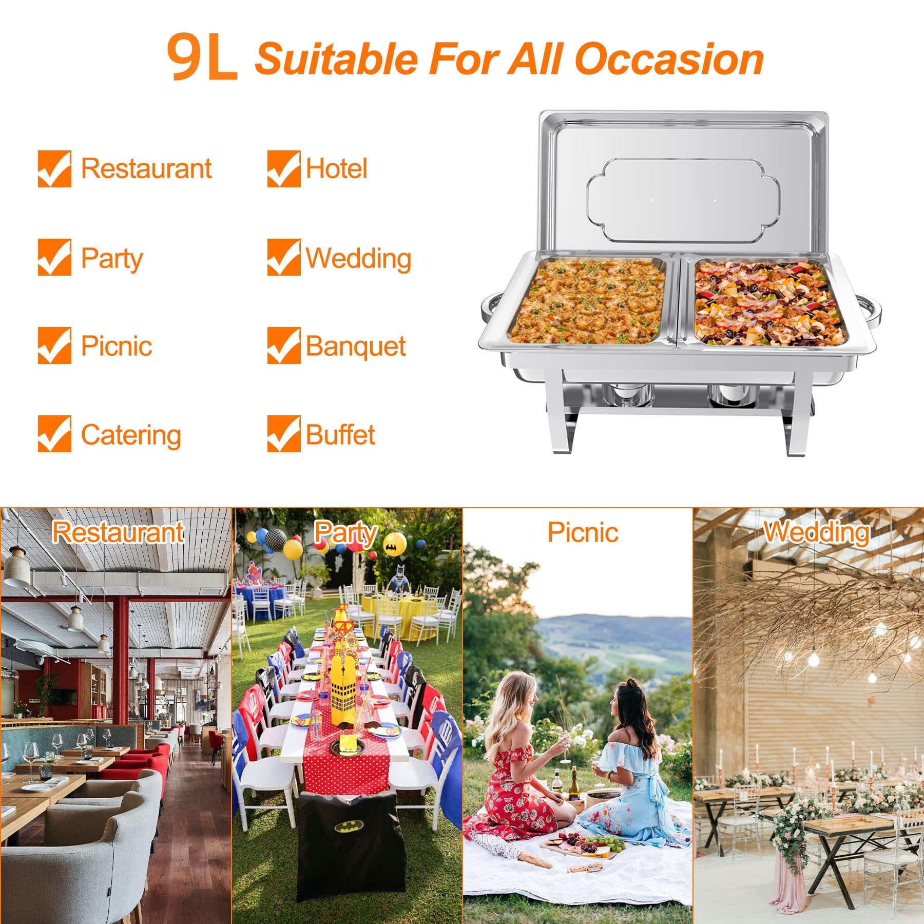 9L Chafing Dish Catering Buffet Set con Pinze e Cucchiai per Party, Scaldavivande per Buffet in Acciaio Inox, per La Cena Ristoranti Banchetti Feste di Nozze,1/2 Plate