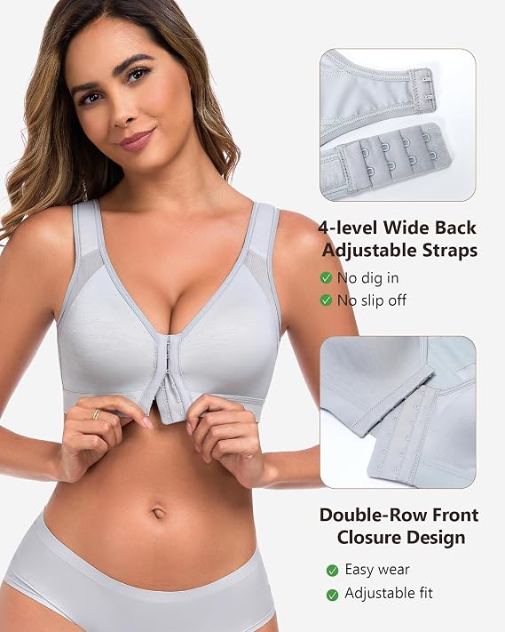 Lemorosy Front Closure Posture Bras for Women Full Coverage Back Support Wireless Comfortable Everyday Bra