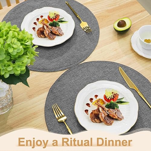 Miniatura 2 de Juego de 4 manteles individuales redondos estilo lino, doble capa de 15 pulgadas, lavables, resistentes al calor, lavables a máquina y sin arrugas,