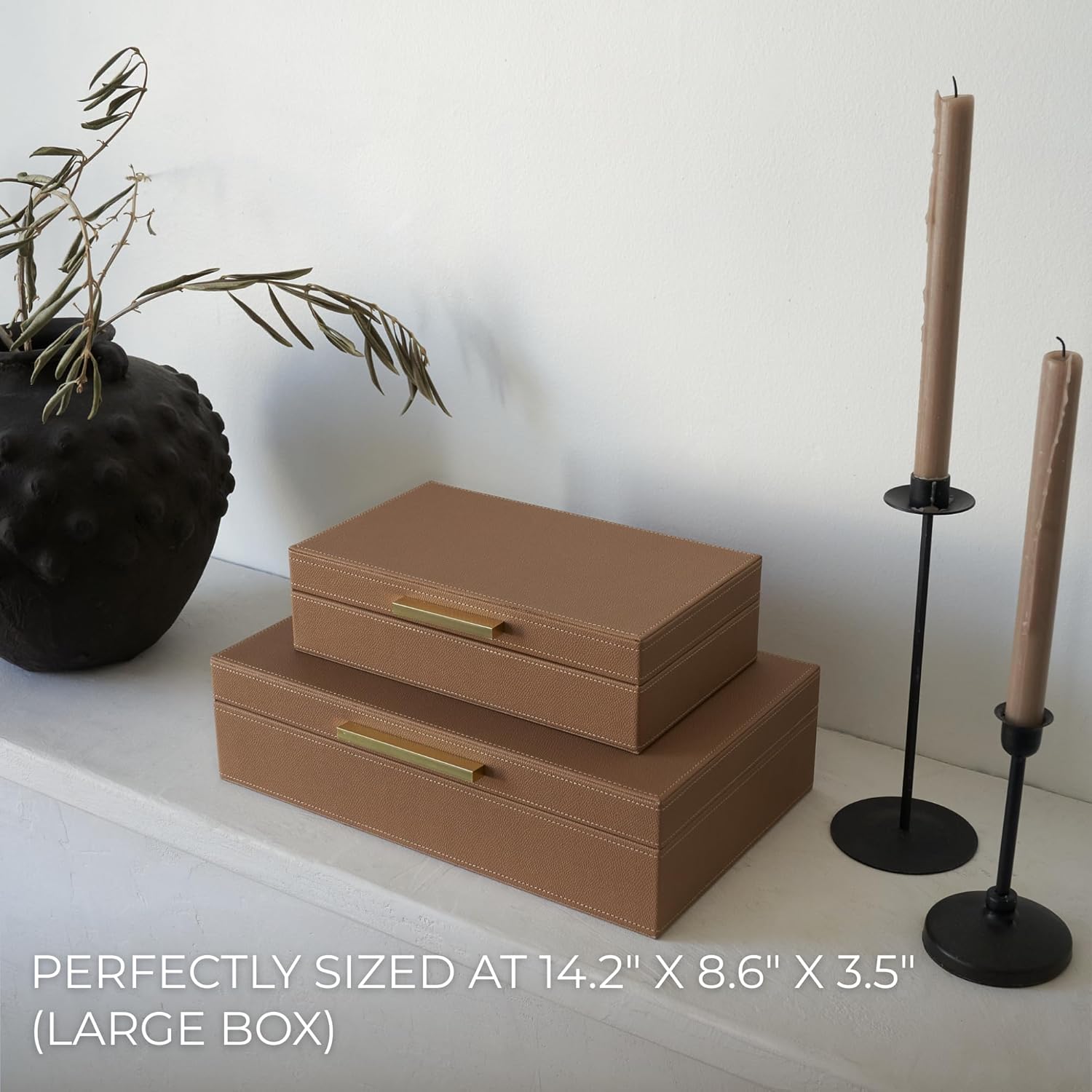 ZICOTO Decorative Storage Boxes with Lids – Set of 2 Beautiful PU Leather Organizer Bins for Your Bookshelf Home Decor - Safely Store Photos, Documents and Memory Box Keepsakes in Style