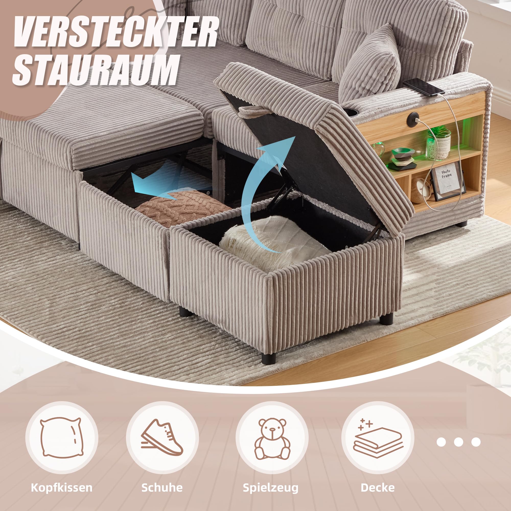 Divano in Velluto a Coste con Contenitore e Letto estraibile, Divano Letto con Porta USB-C e LED, Portabicchieri e Ampi braccioli, Sofa Soggiorni, Divano a 3 Posti, letto Matrimoniale,Grigio chiaro