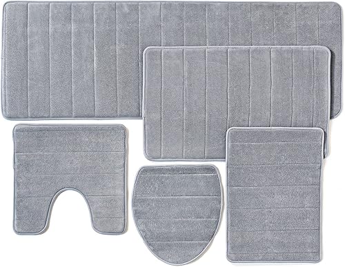 Miniatura 5 de Juego de 5 alfombrillas de baño de espuma viscoelástica gruesa, cierre de cremallera, juego de alfombras de baño, alfombra de inodoro, absorbente de