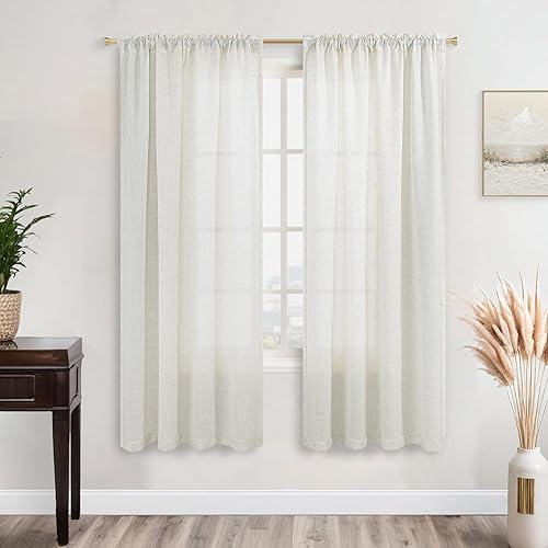 KOUFALL Juego de 2 paneles de cortinas de lino color crema de 63 pulgadas de largo, cortinas semitransparentes con bolsillo para cortinero, cortinas