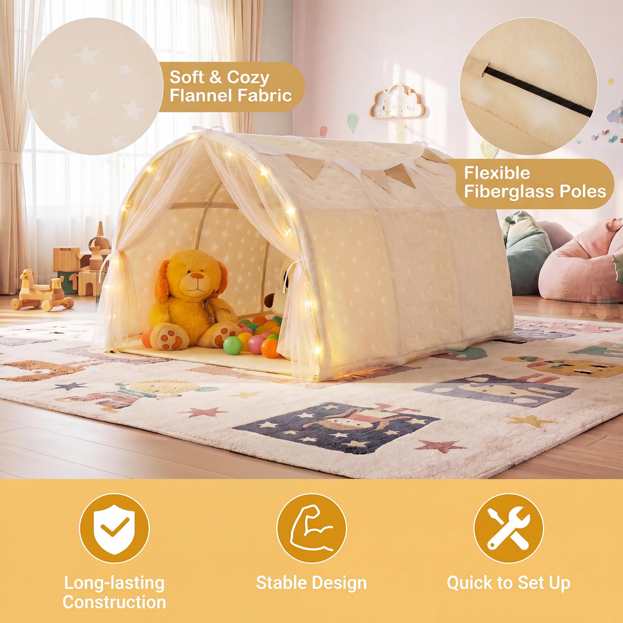 HOMASIS Kinder Bettzelt für Kinderbett, Spielzelt mit Netzvorhängen, Lichterkette & leuchtenden Sternen, Spielhaus mit Wimpeln, Spieltunnel für Jungen & Mädchen ab 3 Jahren, Spielhaus für Kinderzimmer