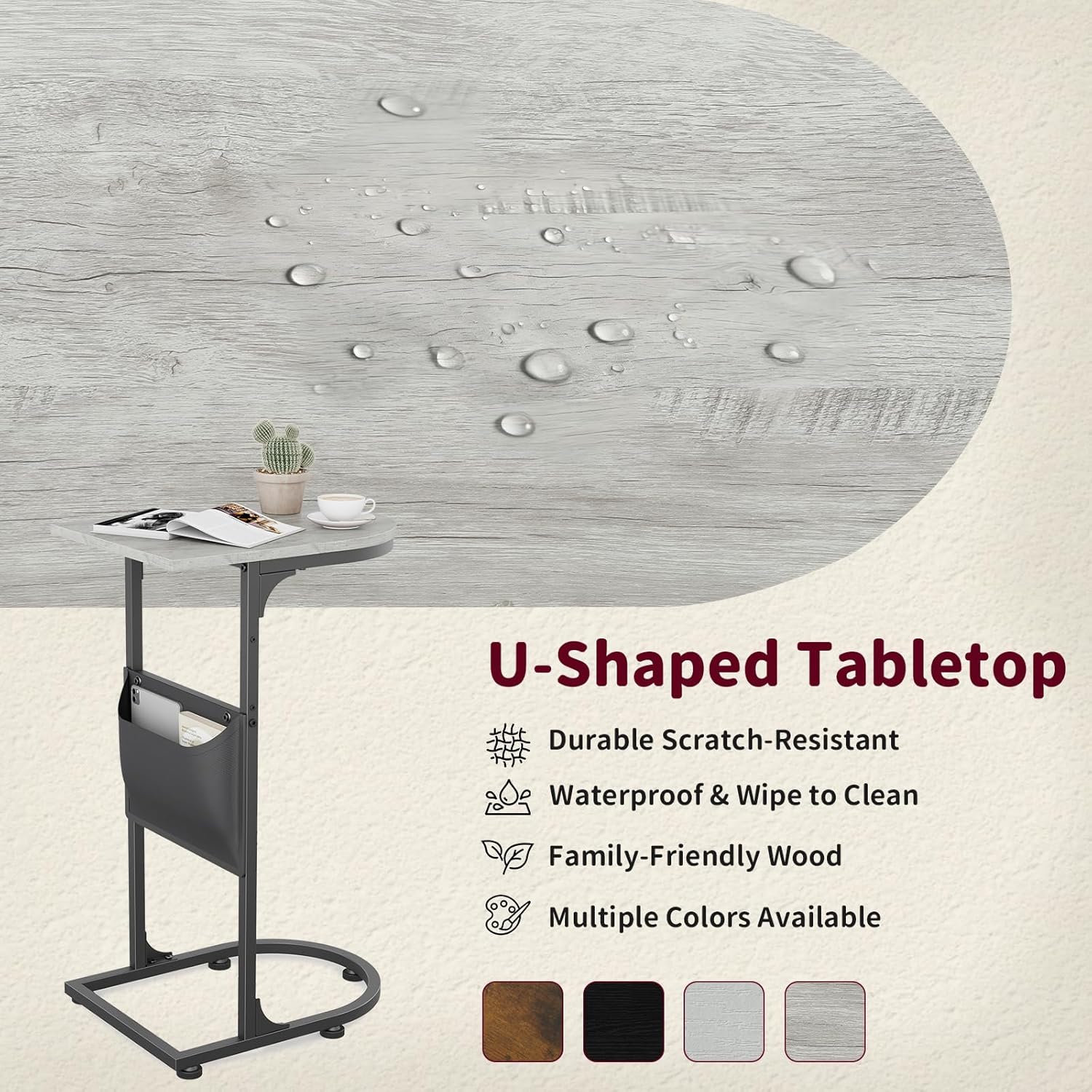 C Shaped End Table, Small Side Table for Couch, C Table for Sofa with Storage Bag that Slide Under, TV Tray Tables for Recliner Living Room Bedside Bedroom Small Spaces Greige