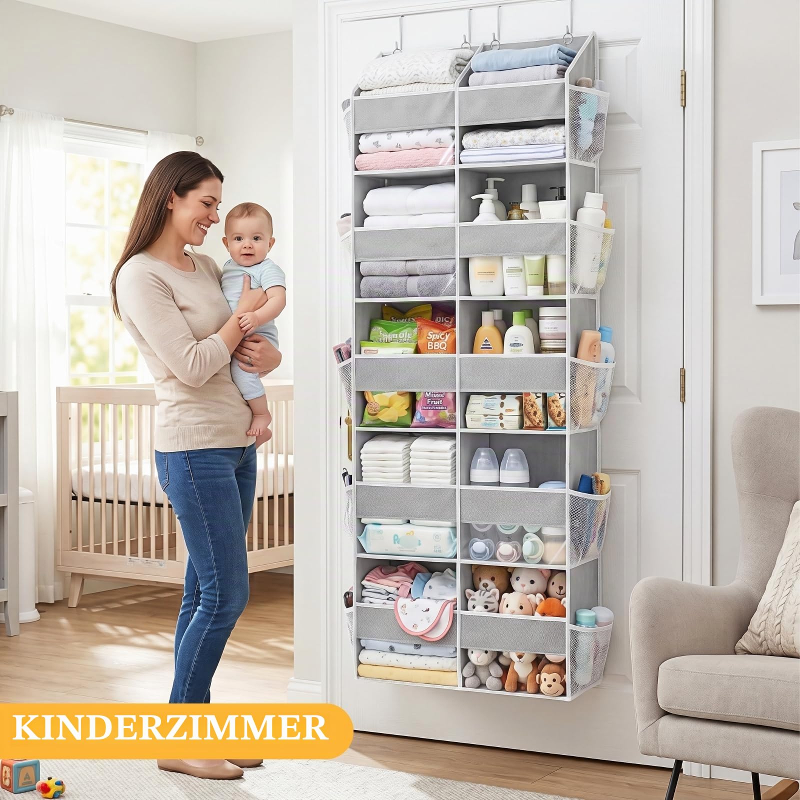 Tür-Organizer, 5-stöckig, extra groß, hinter der Tür, mit 10 großen Front- und 10 Netztaschen, 36,3 kg Kapazität, Hängeaufbewahrung mit transparentem Fenster, Kinderspielzeug, Schuhe, Windeln,