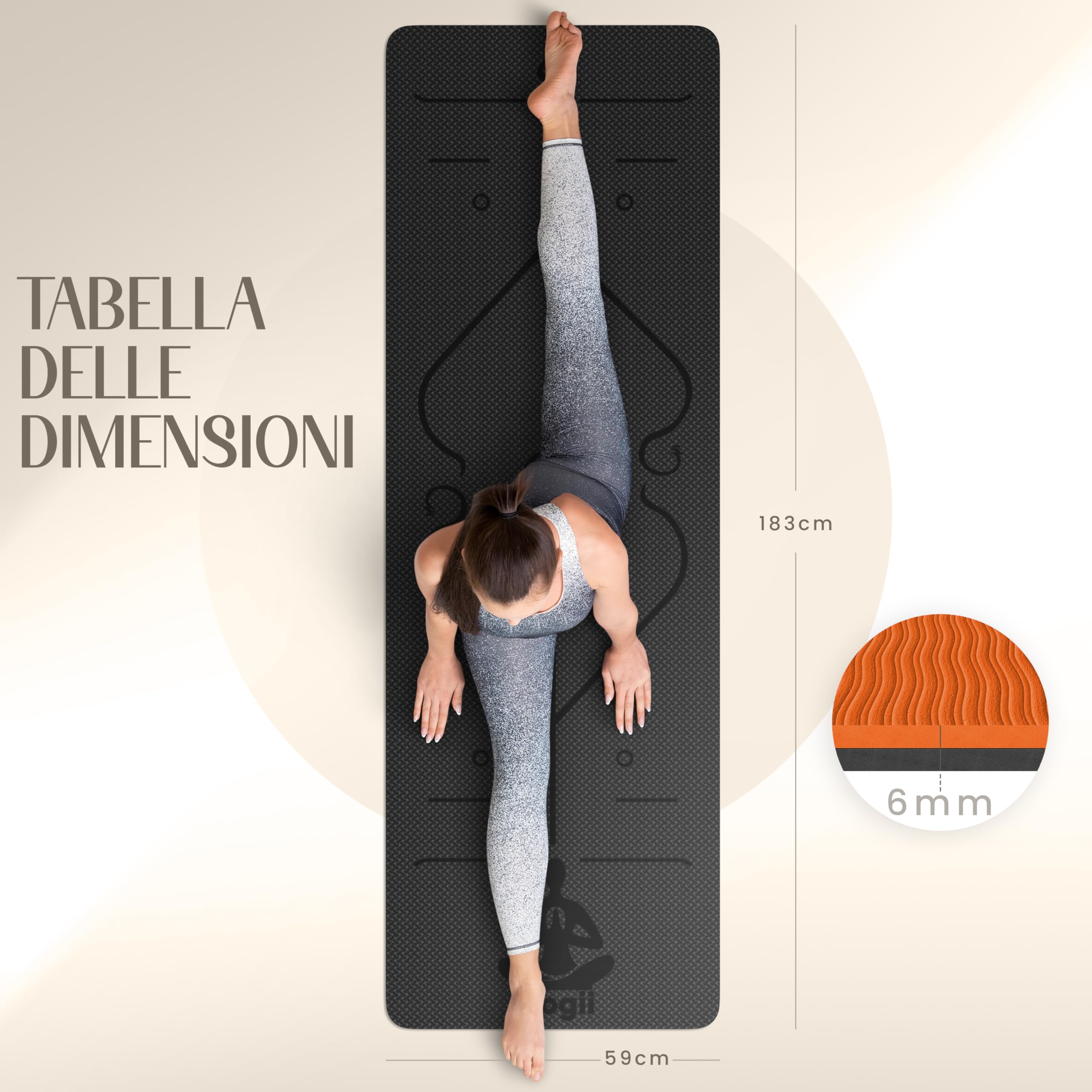 Yogii Tappetino Yoga Antiscivolo Ecologico - 183 x 61 x 0.6cm Tappetino Palestra Spesso in TPE di Alta Qualità - Tappetino Fitness Antiscivolo - Tappetino Pilates Antiscivolo - Yoga Mat