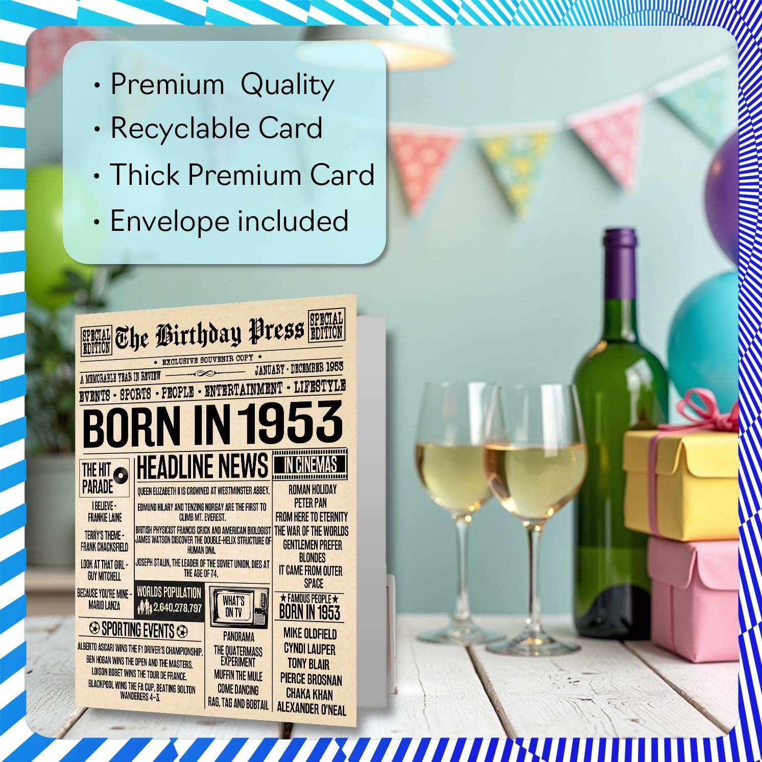 Stuff4 72nd Birthday Cards for Women Men - Born In 1953 Newspaper - Happy 72 Birthday Card for Grandma Grandad Nan Vintage Retro Back In 1953, 5x7 Inch Bday Greeting Cards
