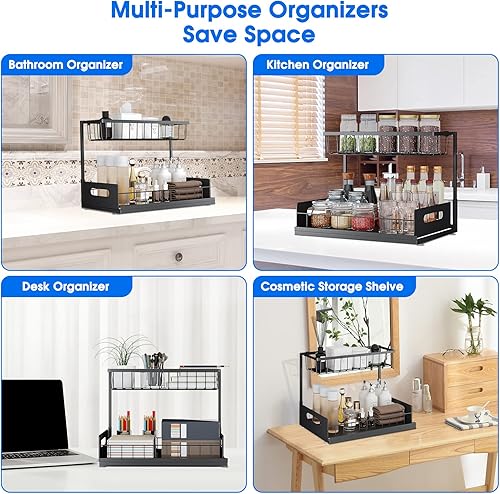 Miniatura 4 de Under Sink Organizer, 2 Tier Pull-Out Cabinet Storage Shelf, Rust-Resistant Metal Organizer for Kitchen Bathroom Laundry Room, No Tools