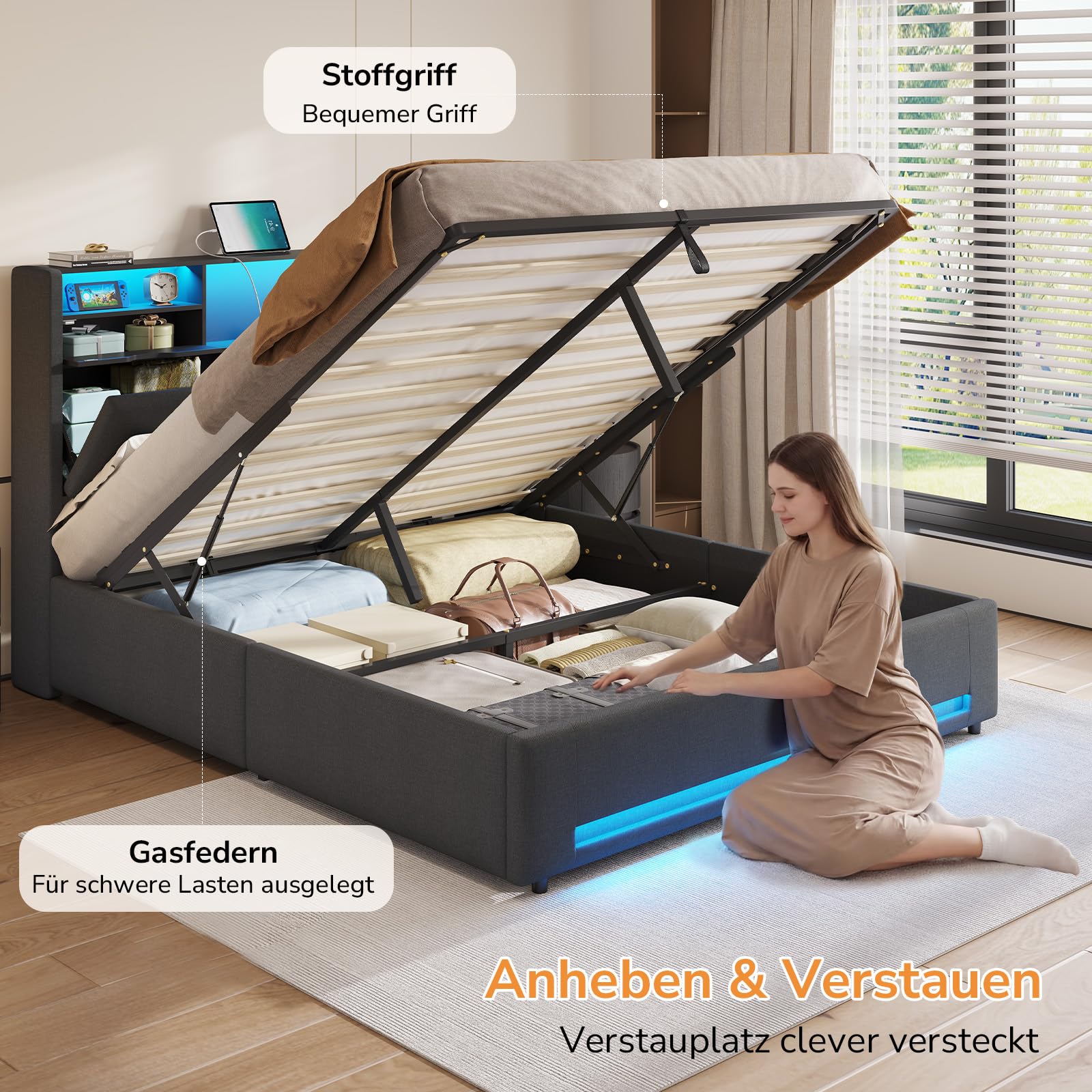 DICTAC Bett 160x200 Grau mit LED und USB-C – Polsterbett mit Bettkasten, Hydraulik, Stauraum 30cm, inkl. Lattenrost, gepolstertes Kopfteil mit Ladestation, Doppelbett für Erwachsene