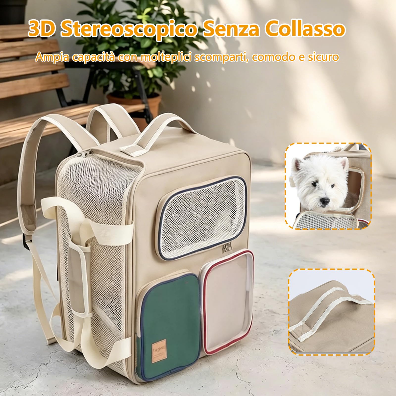 Galatée Zaino Per Animali Domestici, Realizzato In Poliestere Traspirante e Resistente, Uno Zaino Multiuso Con Spallacci e Maniglie(Color Kaki,Con Asta Di Comando)
