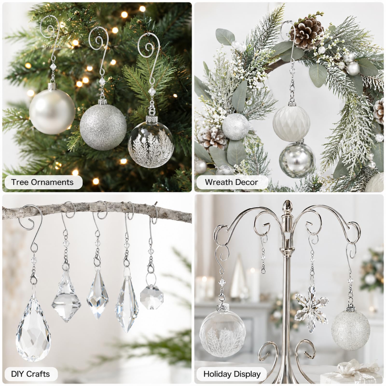 Bucherry 200 ganchos para adornos de árbol, ganchos decorativos de alambre acrílico transparente en forma de S con garras de langosta para colgar, alambre de metal, remolino de cristal para